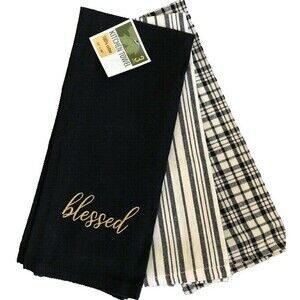 Blessed Kitchen Dish Towels Set of 3 Embroidered Black White Stripe Thanksgiving